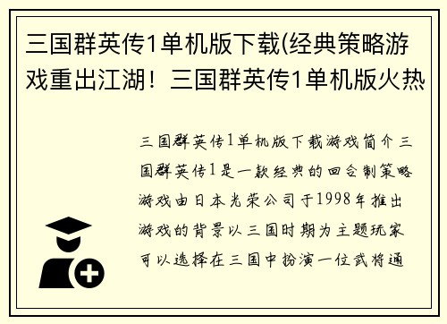 三国群英传1单机版下载(经典策略游戏重出江湖！三国群英传1单机版火热下载中！)